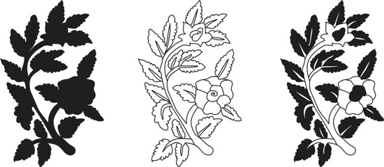 Fototapeta premium Floral pattern set featuring decorative vintage botanical elements with leaf motifs and rose blooming.
