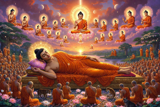 Sacred Parinirvana of Buddha surrounded by monks, devotees and celestial beings beneath glowing forest trees in a divine spiritual farewell and enlightenment illustration