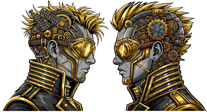 Steampunk cyborg man profile vector, futuristic mechanical robot head with gold gears and goggles, sci-fi character illustration for gaming and posters
