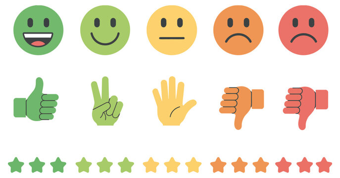 Vector rating system set, colorful emojis thumbs-up gestures star icons, customer feedback service quality satisfaction survey, isolated UI elements