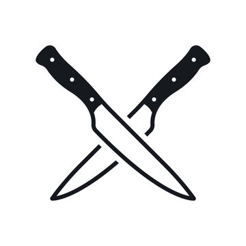 Crossed knives icon. Black silhouette. Front and side view. Vector simple flat graphic illustration. Isolated object on a white background.
