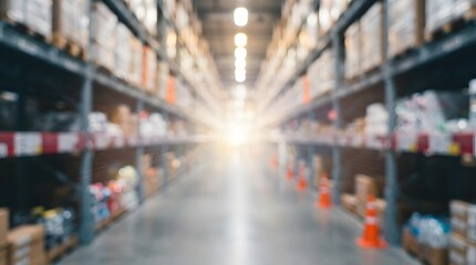 Obraz premium Blurred view of a large warehouse interior with tall metal shelving units and bright lighting