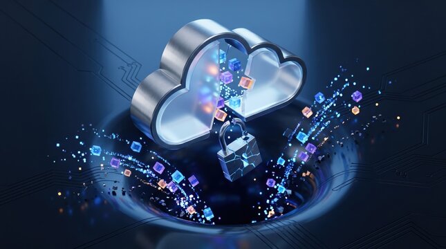 Cloud Computing Security Breach Concept with Open Cloud Icon Releasing Data Packets and Broken Lock, Cybersecurity Data Leak and Cloud Vulnerability Illustration