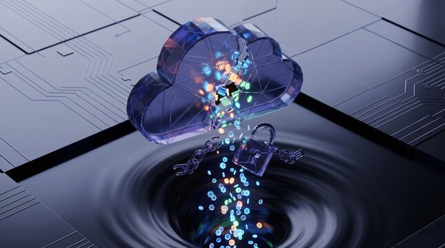 Cloud Computing Security Breach Concept with Open Cloud Icon Releasing Data Packets and Broken Lock, Cybersecurity Data Leak and Cloud Vulnerability Illustration