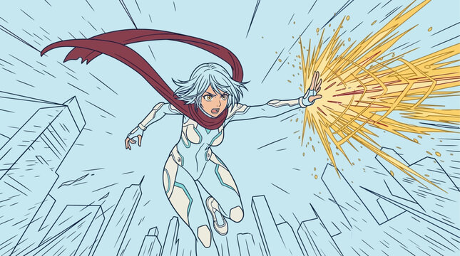 dynamic anime superhero woman flying with energy blast in futuristic cityscape digital illustration