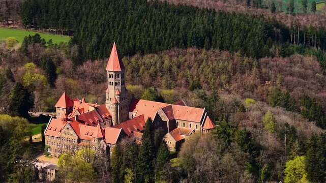 A panoramic Aerial view of the city and castle Clervaux in Luxembourg, on a sunny spring noon