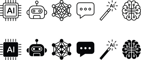 Minimal artificial intelligence icon set with ai chip, robot head, neural network, chat bubble, magic wand, and digital brain in outline and solid black vector styles for smart tech ui design © ArtMint