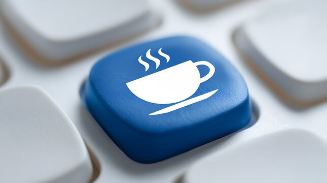 Blue button with steaming cup icon on a computer keyboard, representing a cafe, break, or hot beverage option for digital interaction