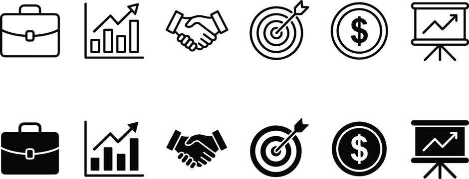 Minimal business and finance icon set with briefcase, growth chart, handshake, target goal, dollar coin, and presentation board in outline and solid black vector styles for corporate app design