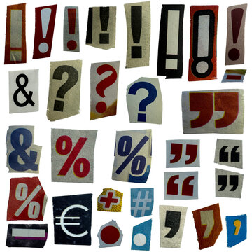 Cut-out isolated punctuation marks collection. Symbols, special typographic characters cut out from vintage newspapers and magazines. Real paper ransom collage style. Mixed fonts and printed surfaces