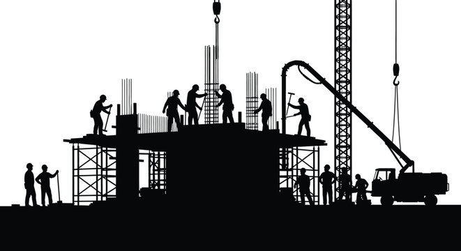 Construction site with workers and machinery in black silhouette high quality professional detailed modern elegant stylish clean crisp vibrant colorful digital