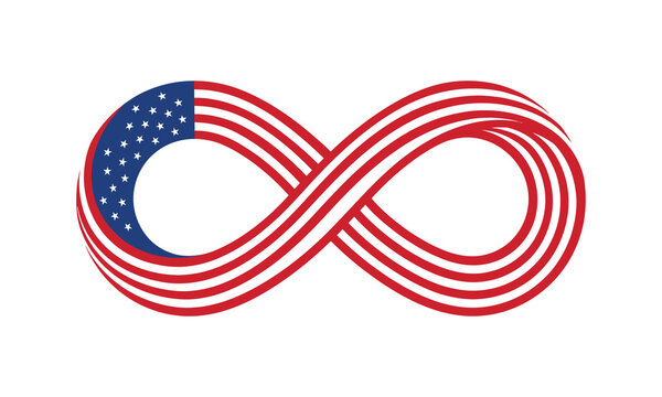 American flag infinity symbol vector illustration. Endless loop of stars and stripes design for USA 250th anniversary or patriotic national holidays.
