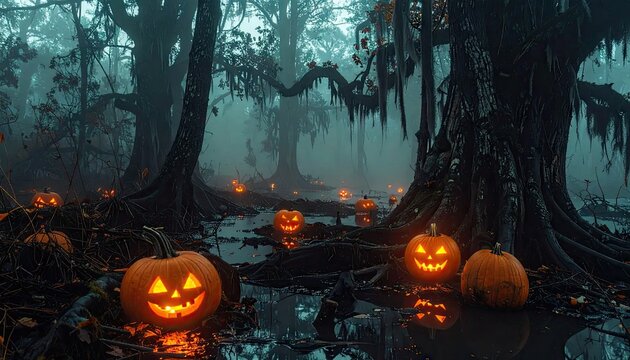 Glowing pumpkins in a dark swamp forest at night spooky halloween scene