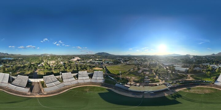 360 aerial photo taken with drone in the late afternoon on a sunny day, of Kamuzu Stadium where the local Malawian team plays football in Blantyre, Malawi