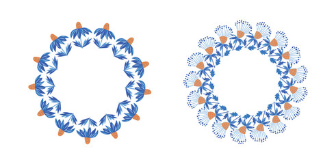 Set of round frames, banners, and floral wreaths. Abstract flowers and leaves. Backgrounds with text space. Colored borders for greeting cards and invitations. © Olga