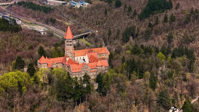 A panoramic Aerial view of the city and castle Clervaux in Luxembourg, on a sunny spring noon