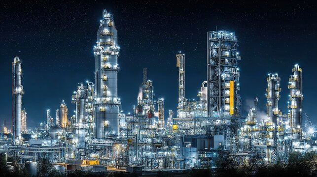Industrial Night Scene: Illuminated Factory Complex Against Starry Sky