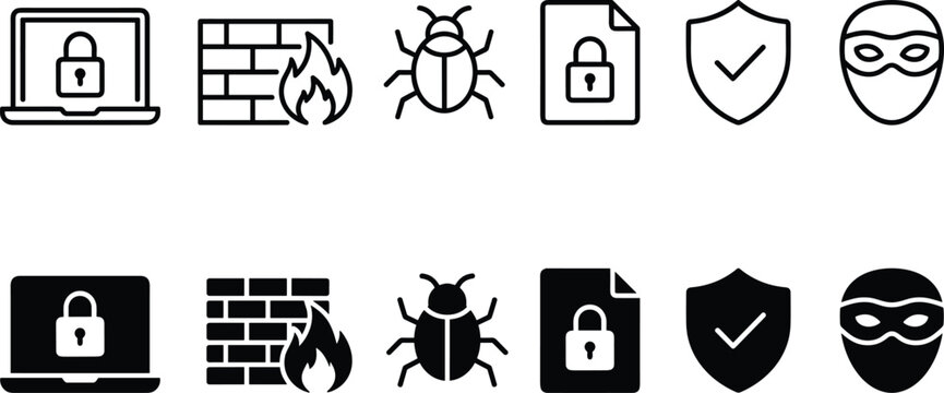 Minimal cyber security icon set with locked laptop, firewall, computer virus, padlock, check shield, and hacker mask in outline and solid black vector styles for digital protection design
