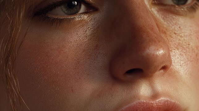 Close-up of a womans face, focusing on her nose and lips.