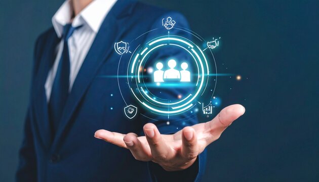 Businessman holographic teamwork icons digital management analytics security integration