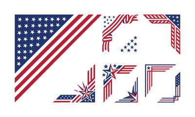 Collection of patriotic American flag corner borders. Geometric and ribbon styles with red and blue stars and stripes for USA holiday design templates. © MD