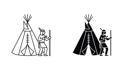 Native American chief holding spear standing next to traditional teepee dwelling icon set depicting indigenous tribal heritage culture in both outline and solid fill styles vector illustration © Vector