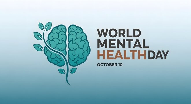 World mental health day poster with brain and leaves