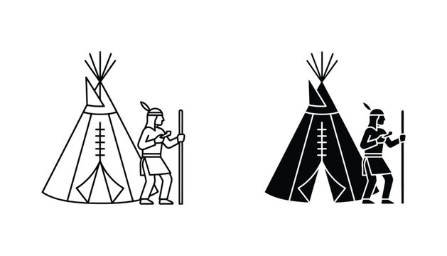 Native American chief holding spear standing next to traditional teepee dwelling icon set depicting indigenous tribal heritage culture in both outline and solid fill styles vector illustration