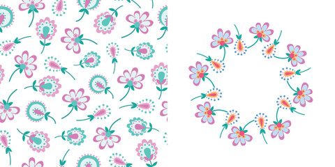 Seamless pattern, round frame, and wreath set. Abstract flowers and leaves. Hand-drawn flowering plants. Wallpaper, decor, banner, and backgrounds for invitations and greeting cards. © Olga