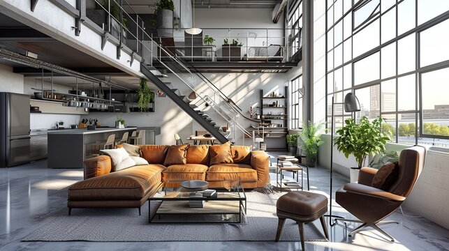 An expansive industrial loft living space with orange sectional sofa and sunlit glass walls