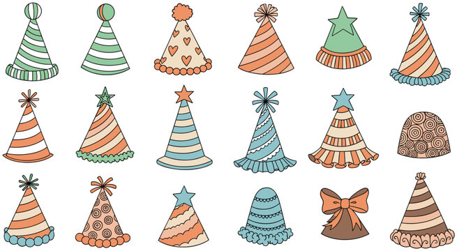 Collection of hand drawn party hats in vintage colors with various patterns and pom poms isolated on white background for birthday celebrations.