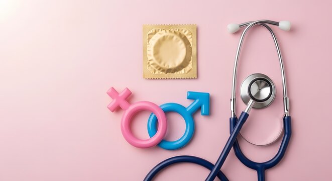 Stethoscope, condom and gender symbols on pink background
