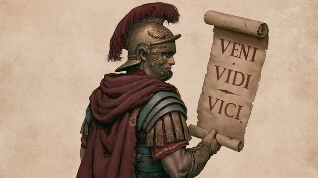 Classical portrait of a stoic legionary leader with a manuscript featuring the Veni Vidi Vici quote.