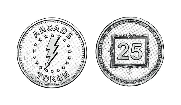 A classic arcade token coin with embossed and engraved markings across its surface, circular object, black and white halftone illustration, high contrast