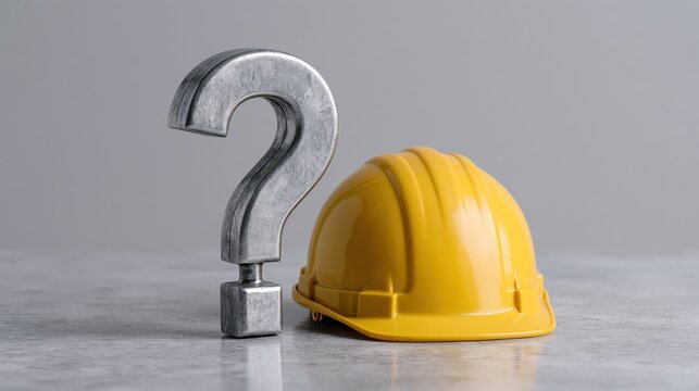 Silver question mark wearing a yellow hard hat stands on a reflective surface in a minimalist gray space.