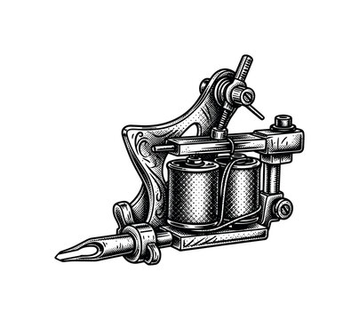 An old-school tattoo machine with coils and needle assembly, detailed with engraved metal textures, black and white halftone illustration, high contrast,