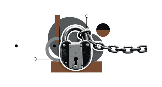 antique lock with chain as main subject, black and white realistic textures of metal and patina, bold gray and brown geometric circles and rectangles