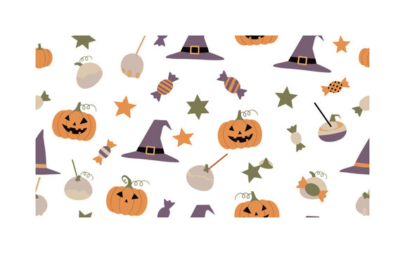 Autumn Halloween elements with candy and hats, seamless pattern, repeating pattern, surface design, textile print, soft color palette, modern illustration, no