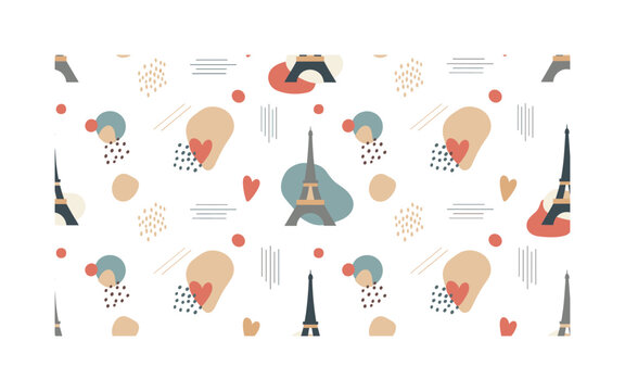 Minimal Paris icons with abstract shapes, seamless pattern, repeating pattern, surface design, textile print, soft color palette, modern illustration, no