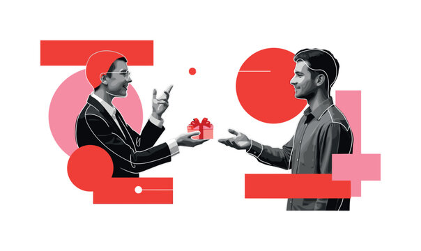 person giving a personalized gift to partner as main subject, black and white realistic figures with expressive gestures, bold red and pink geometric circles