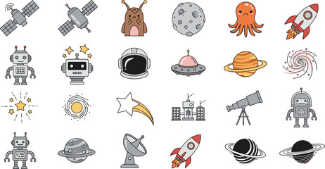 Collection of space exploration icons featuring rockets robots planets astronauts satellites and cute alien characters isolated on white background flat vector illustration. © Shefali