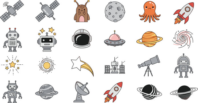 Collection of space exploration icons featuring rockets robots planets astronauts satellites and cute alien characters isolated on white background flat vector illustration.