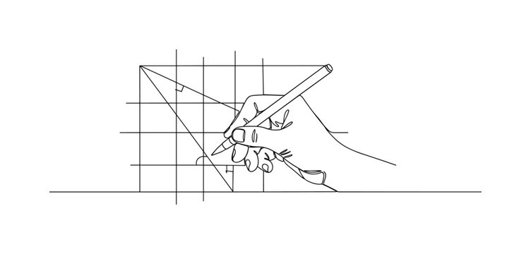 MATHEMATICAL SKETCH. Minimalistic one-line drawing a hand drawing precise lines and angles on a grid layout, continuous single black line on white background,