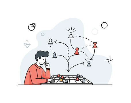 Tactical planning. A single player studies a board with multiple possible paths branching out, one highlighted clearly. Subtle arrows and dots emphasize