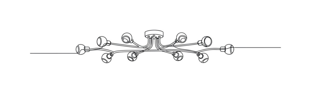 "Interior Light Design". Minimalistic one-line drawing ceiling fixture with multiple bulbs arranged symmetrically, continuous single black line on white