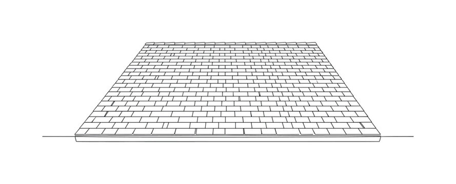 COMPLETED ROOF SURFACE. Minimalistic one-line drawing a clean finished roof with evenly aligned shingles forming a structured pattern, continuous single black