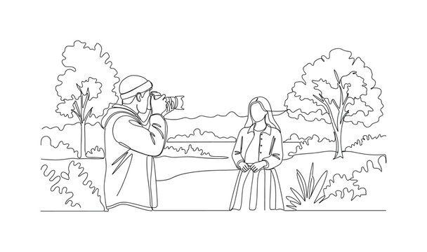 OUTDOOR PORTRAIT SESSION. Minimalistic one-line drawing a person photographing another in a natural setting with soft light cues, continuous single black line