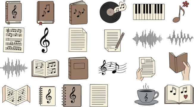 Collection of music and study icons featuring sheet music books vinyl records piano keys sound waves and coffee isolated on white background vector.