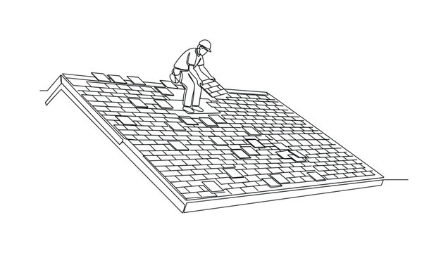 INSTALLING NEW SHINGLES. Minimalistic one-line drawing a person placing new shingles in a neat overlapping pattern on a roof, continuous single black line on