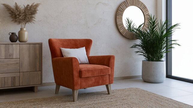 Ethnic style living room featuring a modern wooden commode and a large round mirror in neutral tones.